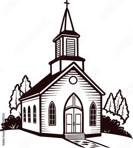 Vintage hand drawn rural church with steeple and cross, surrounded by trees and bushes, monochrome illustration