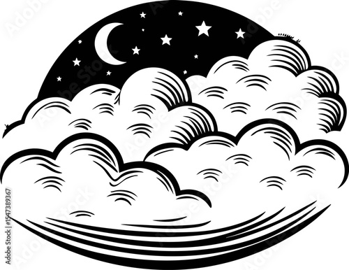 Black and white engraved night sky with crescent moon, stars, and billowing clouds in vintage illustration