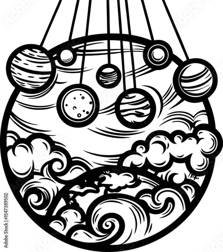 Celestial planetary mobile above swirling clouds and earth in monochrome circular line art illustration