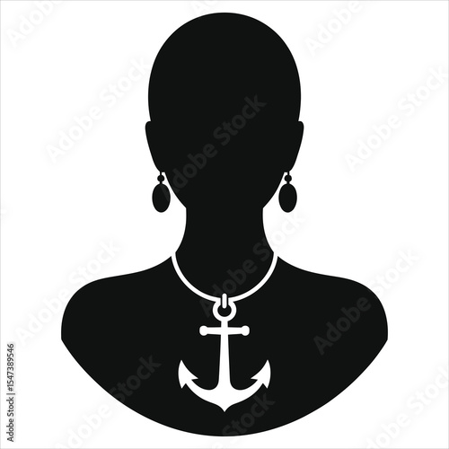 ( Anchor pendant)Elegant female silhouette profile with an anchor necklace/A simple, clean silhouette of a woman's head and torso, set against a white background.