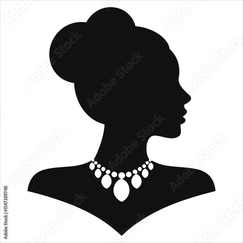 ( Collar necklace) Elegant Silhouette of a Woman Wearing a Pearl Necklace/A sophisticated black silhouette of a woman's profile, adorned with a pearl necklace.
