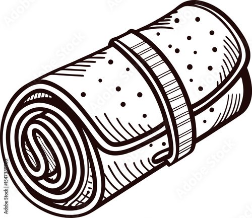 Hand drawn rolled yoga mat isolated on white background vintage sketch illustration with detailed texture