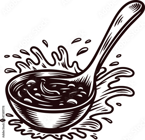 Hand drawn rustic ladle with soup and splash vintage black and white engraved kitchen utensil illustration