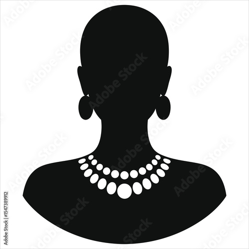 (Collar necklace) Elegant Black and White Silhouette of a Woman Wearing Jewelry/A simple, elegant silhouette of a woman's head and shoulders, against a plain white background.