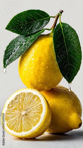 Fresh Lemons with Leaves and Water Droplets: A Close-Up Presentation of Vibrant Yellow Citrus Fruits, Perfect for Culinary and Refreshment Themes.