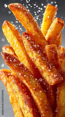Golden Fried Potatoes with Sprinkled Seasoning, Delicious Culinary Treat, Crispy Texture, Gourmet Food Photography, Appetizing Dish, Close-up View.