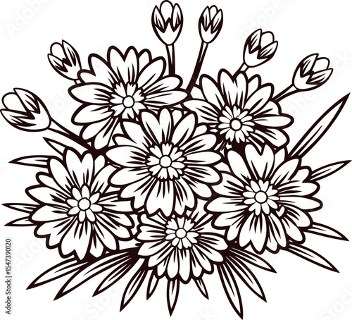 Hand drawn bouquet of blooming daisies and buds in engraved vintage isolated on white background
