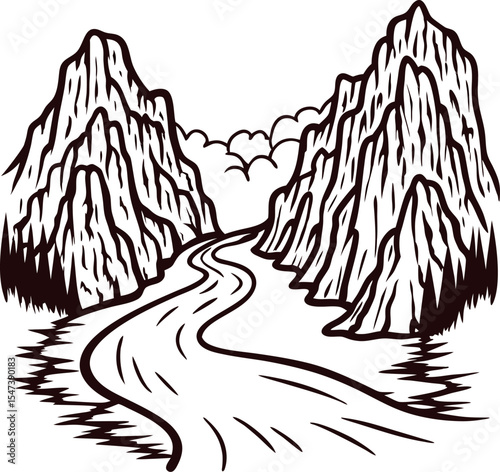 Hand drawn mountain landscape with river and pine trees vintage engraving wilderness illustration