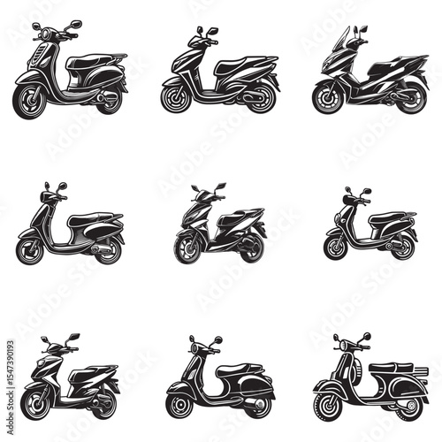 Set of Scooter motorcycle illustrations with retro elements