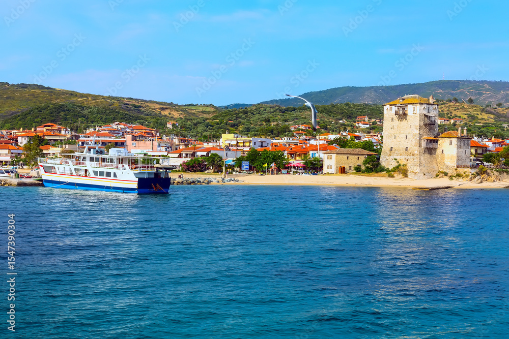 Obraz premium Ouranoupolis harbor, ferry boat, Athos, Greece