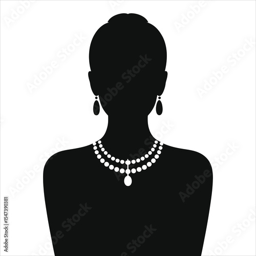 (Collar necklace)Elegant Silhouette of a Woman Wearing a Pearl Necklace and Earrings/A sophisticated black and white silhouette of a woman.
