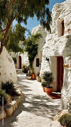 Idyllic Pathway Between White Buildings with Lush Greenery Under a Clear Sky, Creating a Peaceful Architectural Vista.