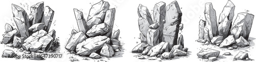 Rock Formation Vector Set. Isolated Stone Pile on White Background.