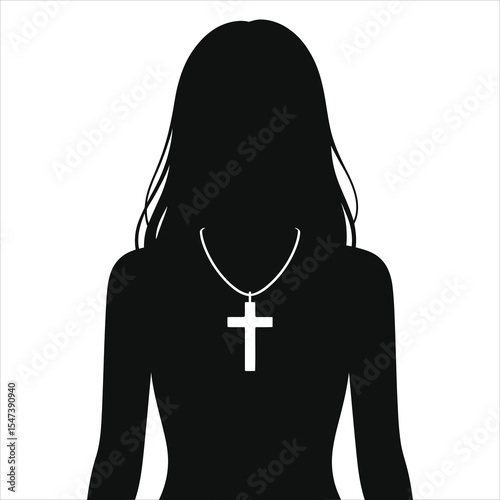 ( Cross pendant)Simple Silhouette of a Woman Wearing a Cross Necklace/A dramatic, black and white silhouette of a woman, featuring long hair and wearing a necklace with a cross pendant.