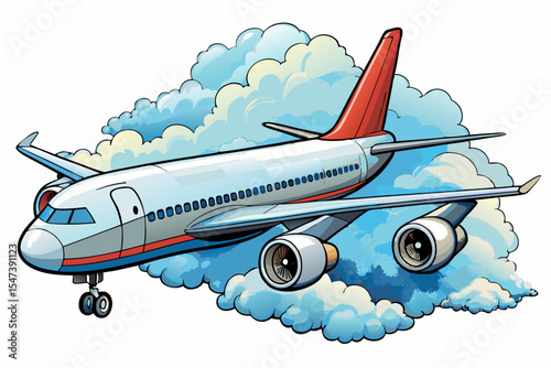 airplane flying through sky and fluffy clouds on isolated background vector perfect for travel, aviation, airline promotions, or transportation-themed designs