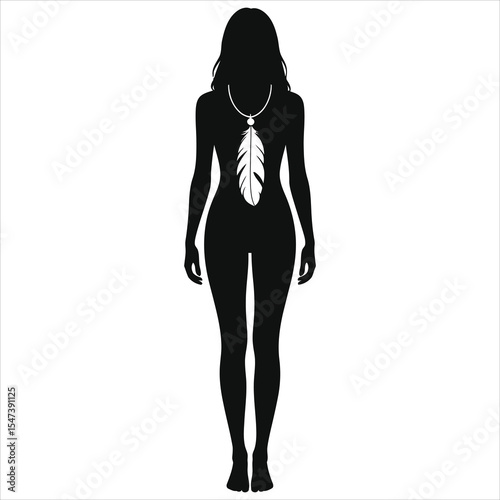 ( Feather pendant)Elegant Silhouette of a Woman Wearing a Feather Necklace/A striking black and white silhouette of a woman, presented against a plain white background.