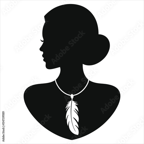 ( Feather pendant)Elegant female silhouette with feather necklace/A stylish black and white silhouette of a woman's head and shoulders.