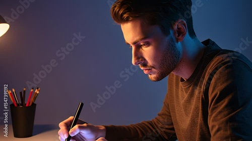 Man graphic designer drawing on tablet with stylus pen. Creative artist working in home office at night on digital art design footage.