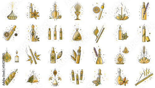 Elegant Gold Aromatherapy Icon Collection for Wellness Blogs, Spa Marketing, Alternative Medicine Websites and Natural Health Products