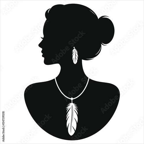 ( Feather pendant)Elegant woman silhouette with feather jewelry/A stylish silhouette of a woman's profile, wearing earrings and a necklace, both adorned with feather designs.