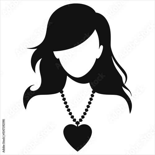 (Heart-shaped pendant)Stylish woman silhouette with heart-shaped pendant necklace./A simple, elegant silhouette of a woman with long flowing hair, wearing a necklace featuring a heart-shaped pendant.