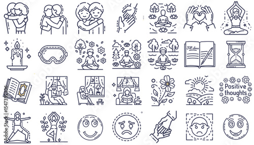 Mental health icon set for awareness campaigns, therapy websites, educational blogs, self-care, wellness presentations, healthcare and support material