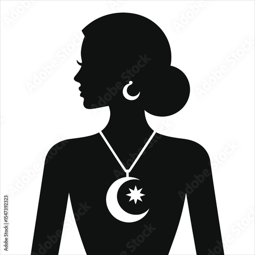 Vector Silhouette of a Woman with Crescent Moon Necklace/A striking profile view silhouette of a woman wearing large hoop earrings and a necklace featuring a crescent moon and star pendant.