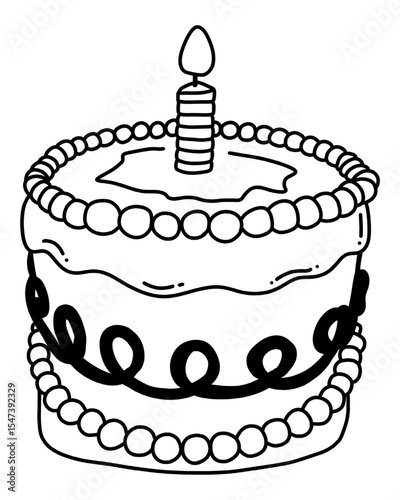 Birthday cake in cartoon format or line drawing.