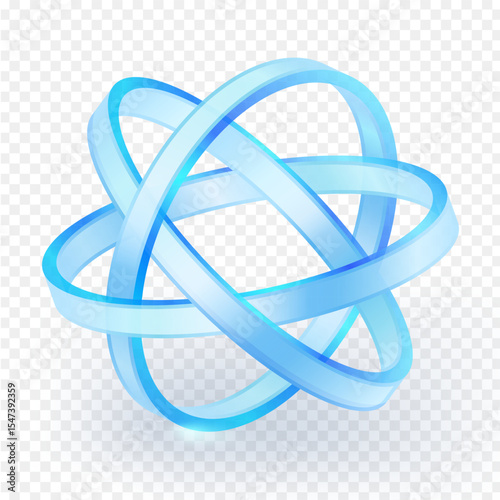 3D icon featuring multiple translucent blue atom particle intertwined. The design evokes concepts of connection, technology, and futuristic networks, set against a clean, transparent background.