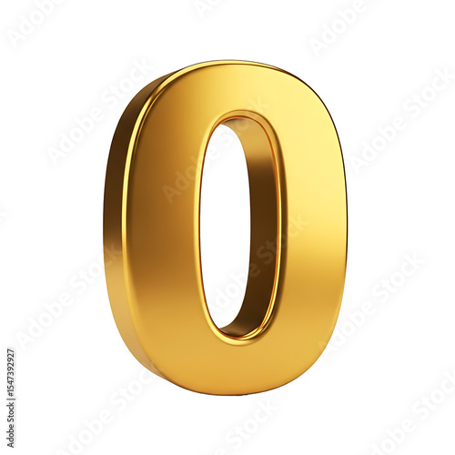 A three-dimensional rendering of the number zero, presented in a shiny, golden metallic finish against a white background.