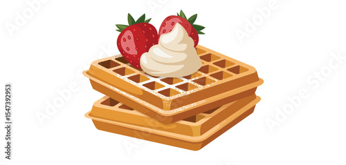 Delicious Waffles Topped with Whipped Cream and Strawberries