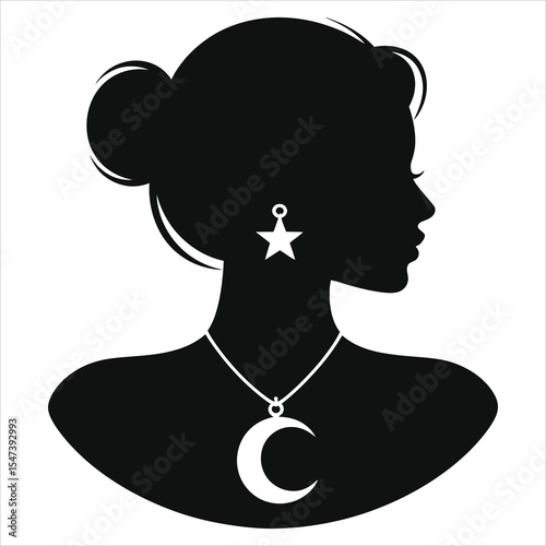 Vector Silhouette of a Woman with Moon Pendant and Star Earrings/This striking black and white silhouette of a woman showcases a side profile view.