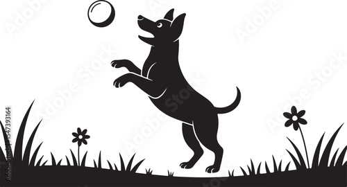 Dog Silhouette Vector Illustration Playing Art Black and White Style