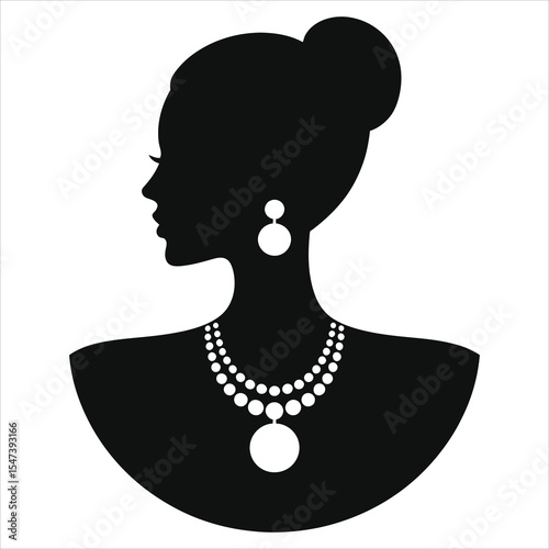 ( Opera-length necklace)Elegant Woman Silhouette with Jewelry/A stylish profile silhouette of a woman wearing a pearl necklace and earrings.