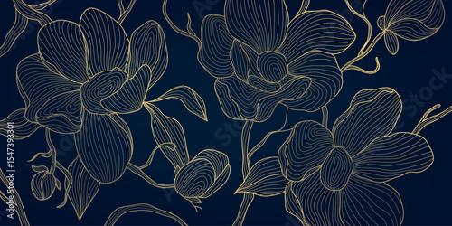 Vector line flower gold on blue background, leaf plant elegant luxury design. Garden art deco wedding illustration, blossom asian pattern, sakura, cherry blossom