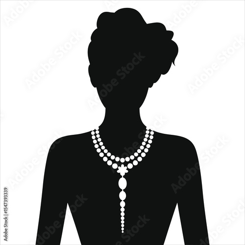(Opera-length necklace)Elegant Silhouette of a Woman Wearing a Pearl Necklace/A striking black and white silhouette of a woman, styled in a classic fashion, adorned with a double strand pearl necklace