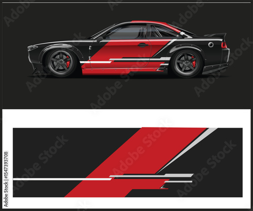 Sleek Black Sports Car with Red and White Racing Stripe Design
