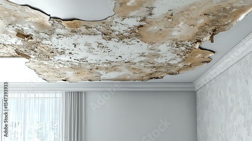 Wallpaper Mural Water damaged ceiling with severe peeling paint and mold growth in modern room interior, showing structural deterioration and moisture problems requiring urgent repair. Torontodigital.ca