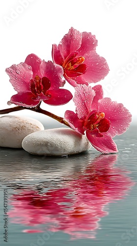 Pink Orchids and Smooth Stones: A Serene Floral Composition with Delicate Water Reflections and Tranquil Beauty Displayed.