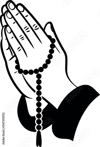  a pair of hands. The hands are clasped together in prayer. A set of rosary beads is held between them.