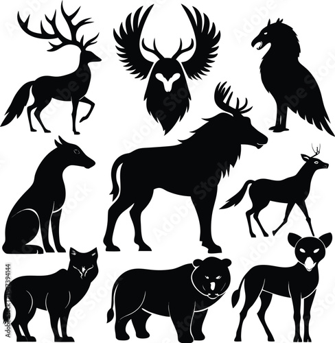 Silhouette set of farm and wild animals in black vector illustration style