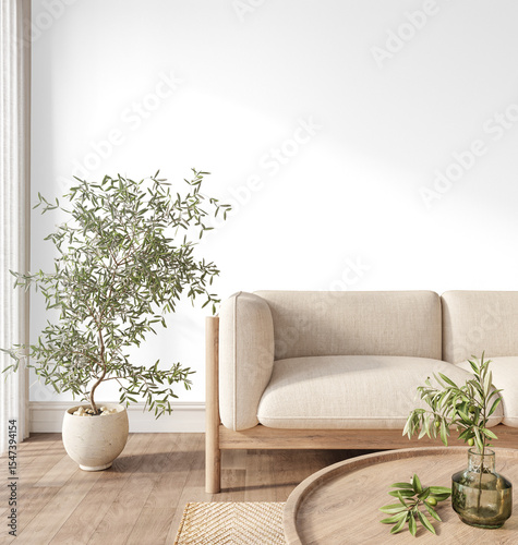 Fototapeta Naklejka Na Ścianę i Meble -  Transparent wall living room interior PNG mockup with close-up beige sofa, olive tree and round wood coffee table in Scandinavian style  with Realistic Shadows – 3D render
