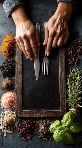 Preparing a Culinary Masterpiece: Hands Holding Cutlery Over a Blank Slate with Fresh Herbs and Spices.