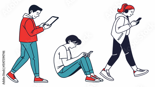 Flat Vector Set of People Using Digital Devices in Daily Life