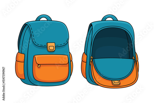 Teal and Orange Backpack Illustration Closed and Open