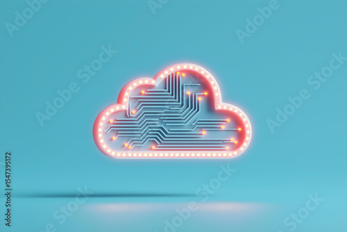 A glowing cloud-shaped circuit board symbolizing cloud computing and digital data connectivity on a blue background.