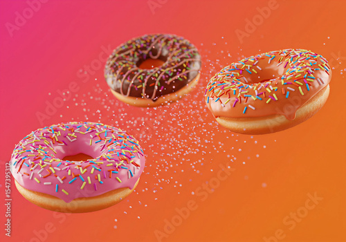Assorted frosted donuts topped with rainbow sprinkles appear to float mid-air against a bright orange-to-pink gradient background with sugar particles.