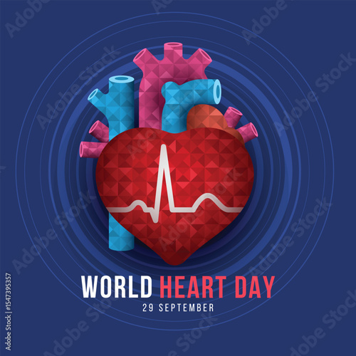 World heart day - heart human with heart symbol shape and low poly texture on dark blue ring wave background vector desgin