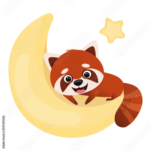 Cute vector illustration of red panda climbing , on the moon. Hand drawn