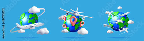 Global air travel concept with planet earth, airplane and location pin. Worldwide trip and international journey illustration.